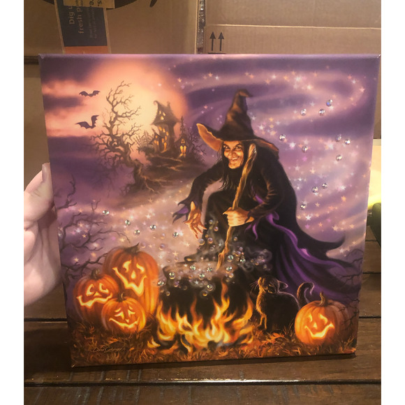 NEW WITCH BEADAZZLED All Hallow's Eve Print Framed Halloween Wall Decor - Picture 2 of 12